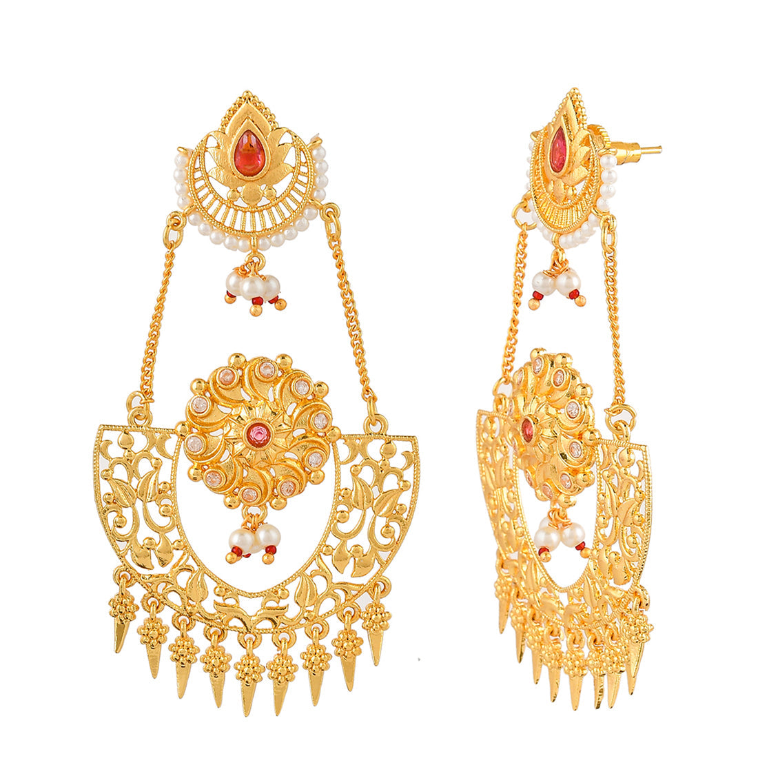 Women's Abharan Red Stones And Pearls Opulent Drop Earrings - Voylla