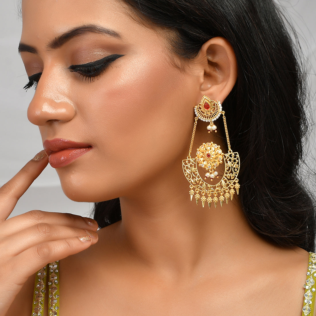 Women's Abharan Red Stones And Pearls Opulent Drop Earrings - Voylla