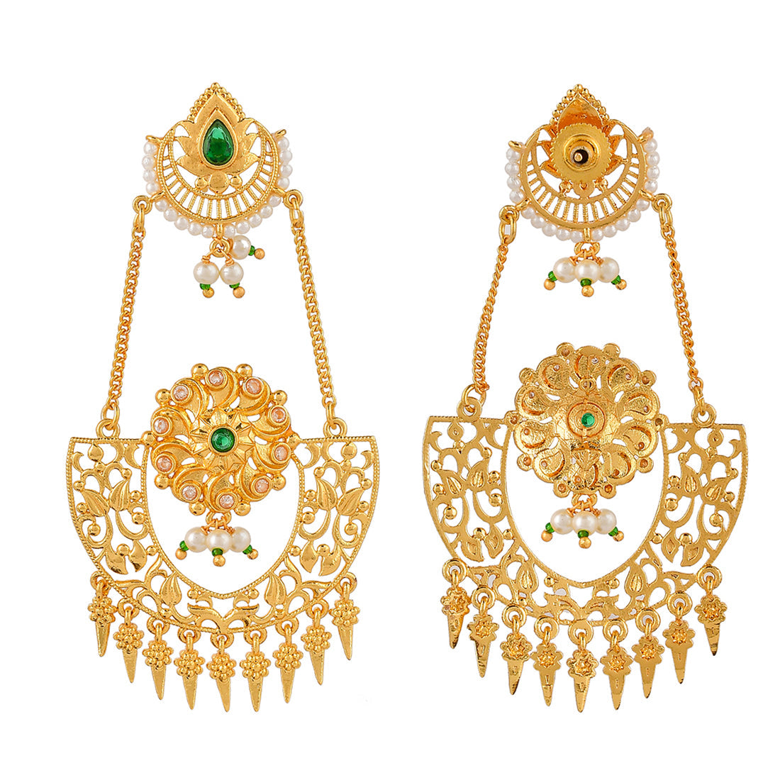 Women's Abharan Green Stones And Pearls Opulent Drop Earrings - Voylla