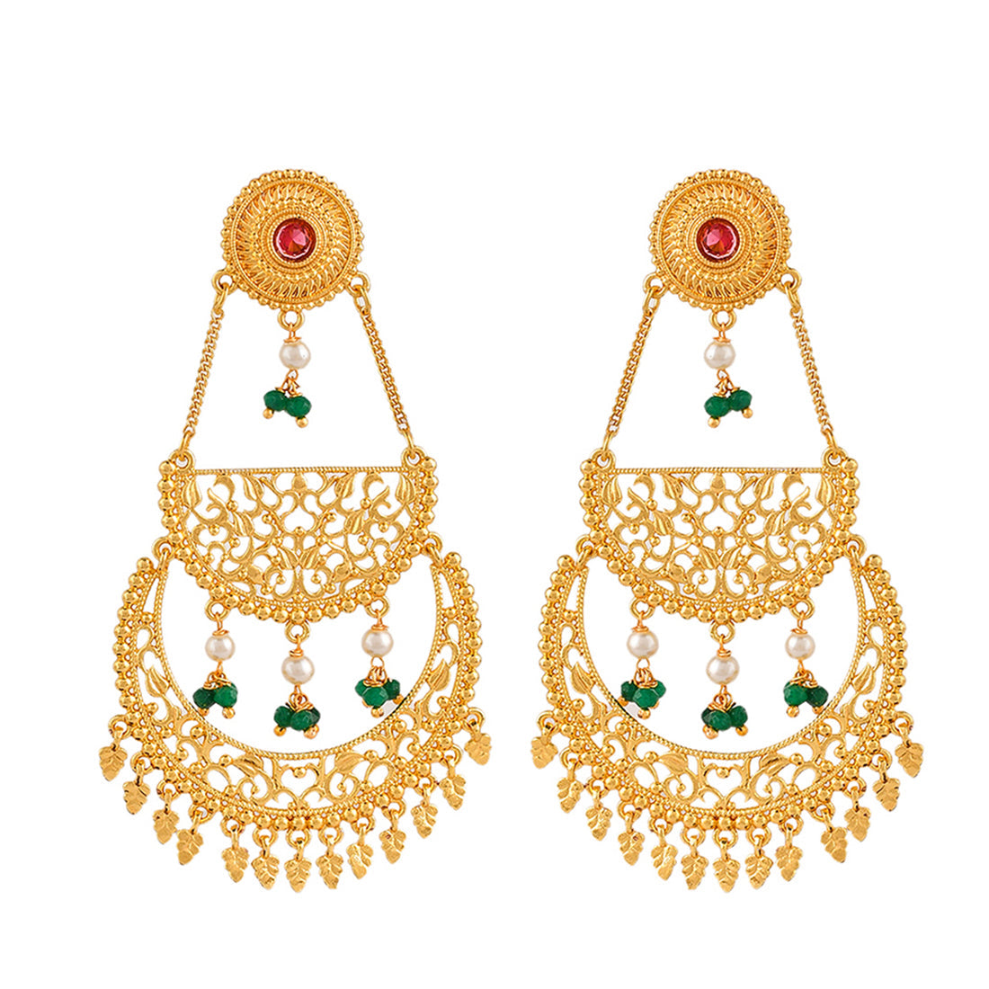 Women's Abharan Red Stones And Pearls Layered Ethnic Drop Earrings - Voylla