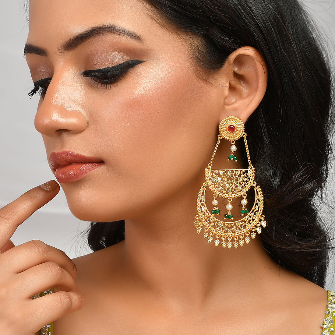 Women's Abharan Red Stones And Pearls Layered Ethnic Drop Earrings - Voylla