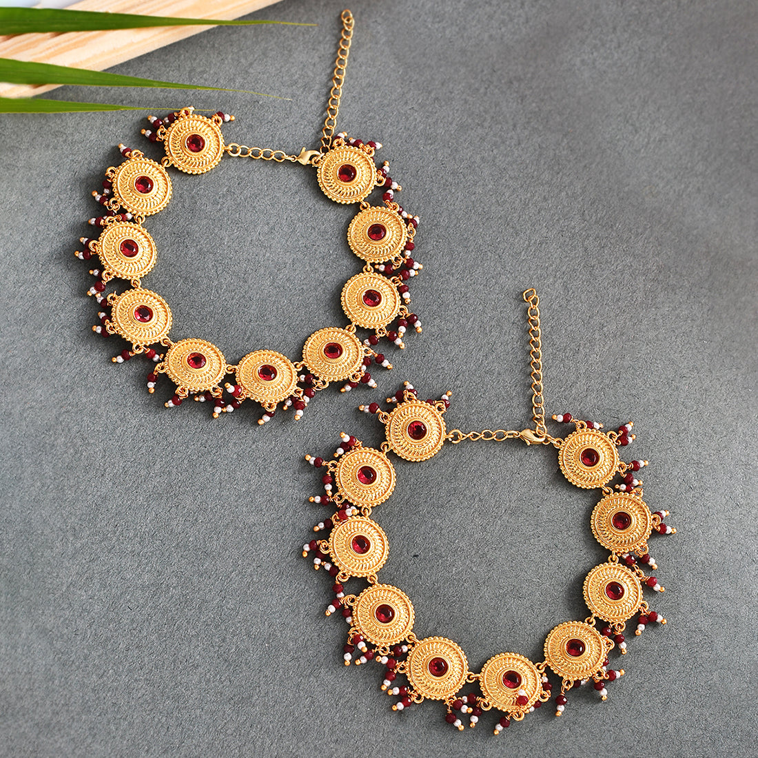 Women's Abharan Gold Plated Red Stones And Pearls Anklets - Voylla
