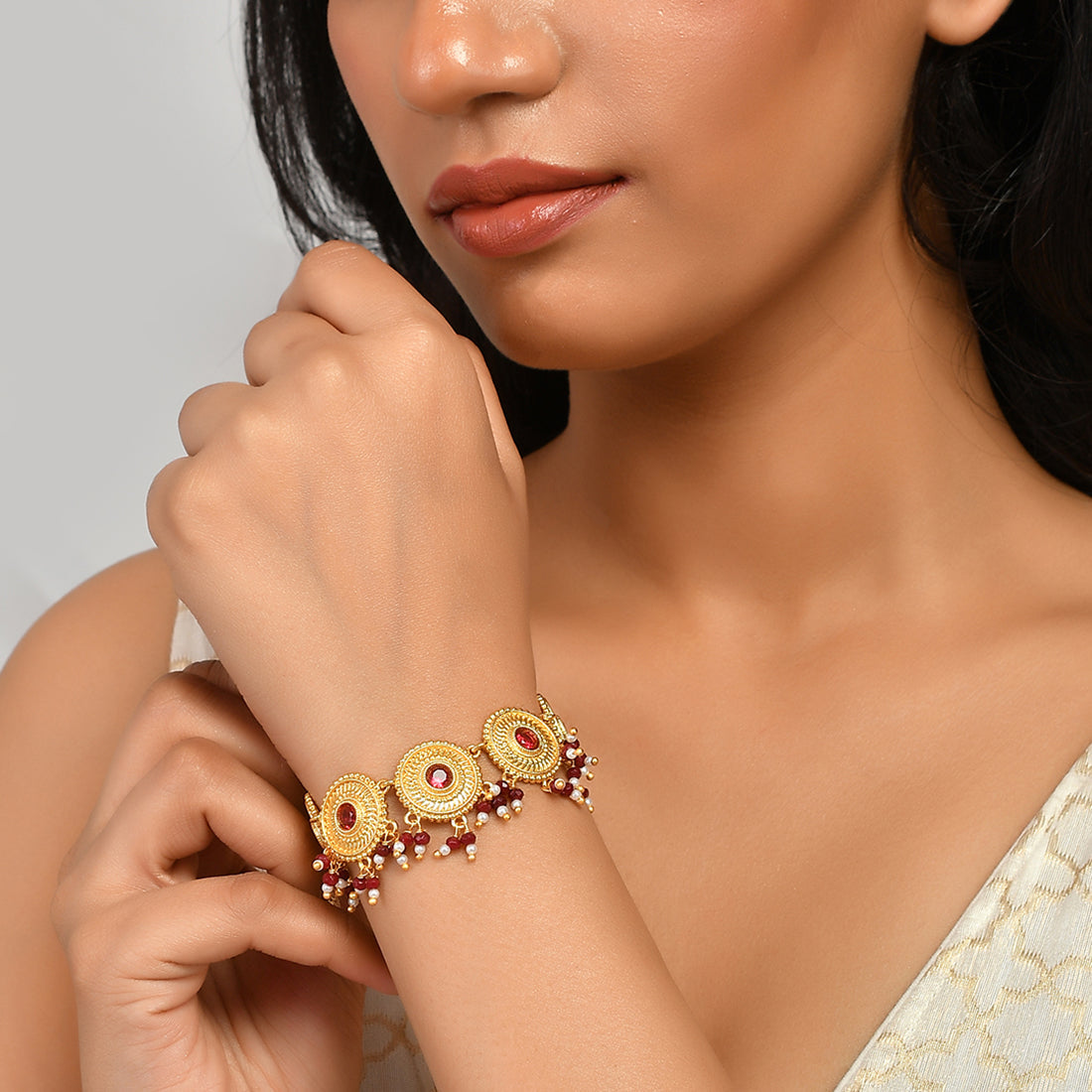 Women's Abharan Gold Plated Red Stones And Pearls Bracelet - Voylla