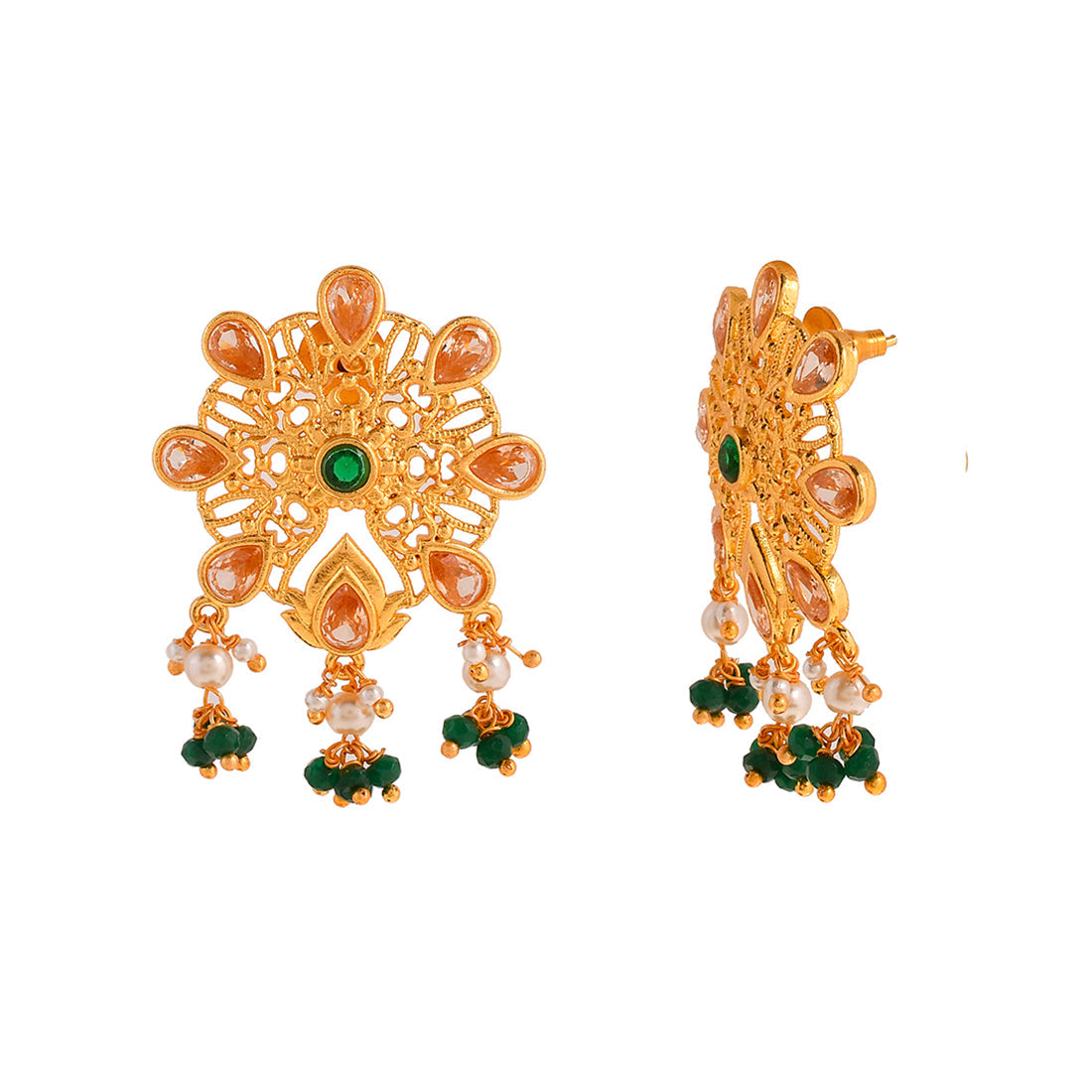 Women's Abharan Pink And Green Stones Floral Stud Earrings - Voylla