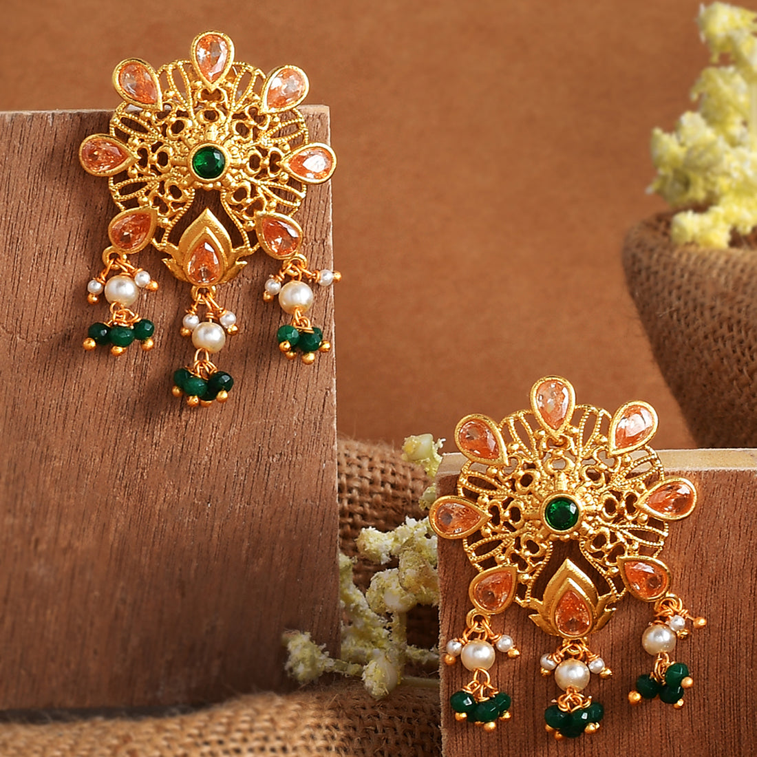 Women's Abharan Pink And Green Stones Floral Stud Earrings - Voylla