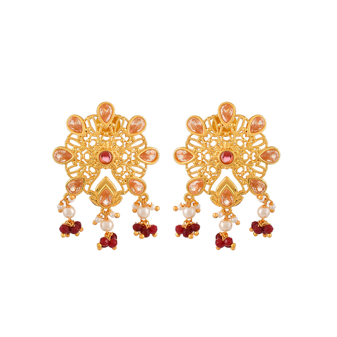 Women's Abharan Pink And Red Stones Floral Stud Earrings - Voylla