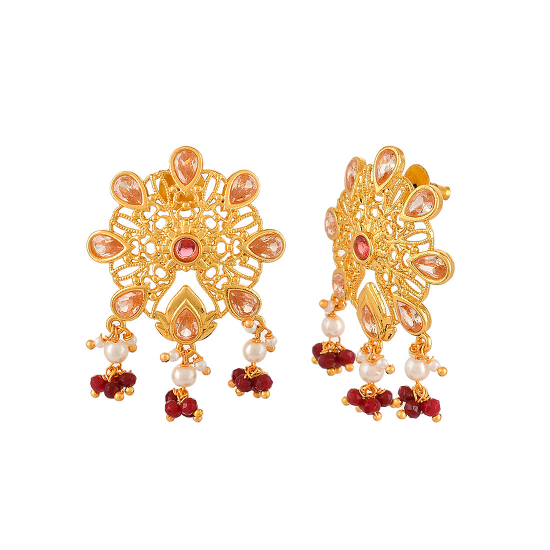 Women's Abharan Pink And Red Stones Floral Stud Earrings - Voylla