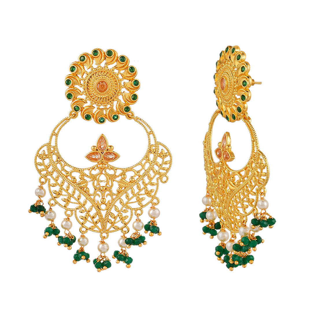 Women's Abharan Filigree Design Green Stones And Pearls Earrings - Voylla
