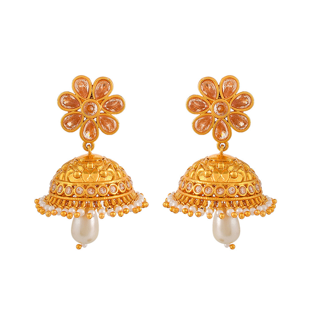 Women's Abharan White Stones And Pearls Floral Jhumka Earrings - Voylla