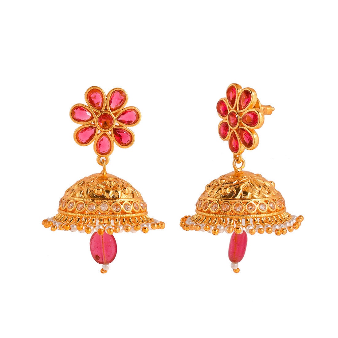 Women's Abharan Red Stones And Pearls Floral Jhumka Earrings - Voylla