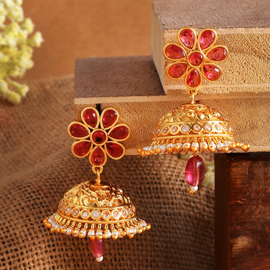 Women's Abharan Red Stones And Pearls Floral Jhumka Earrings - Voylla