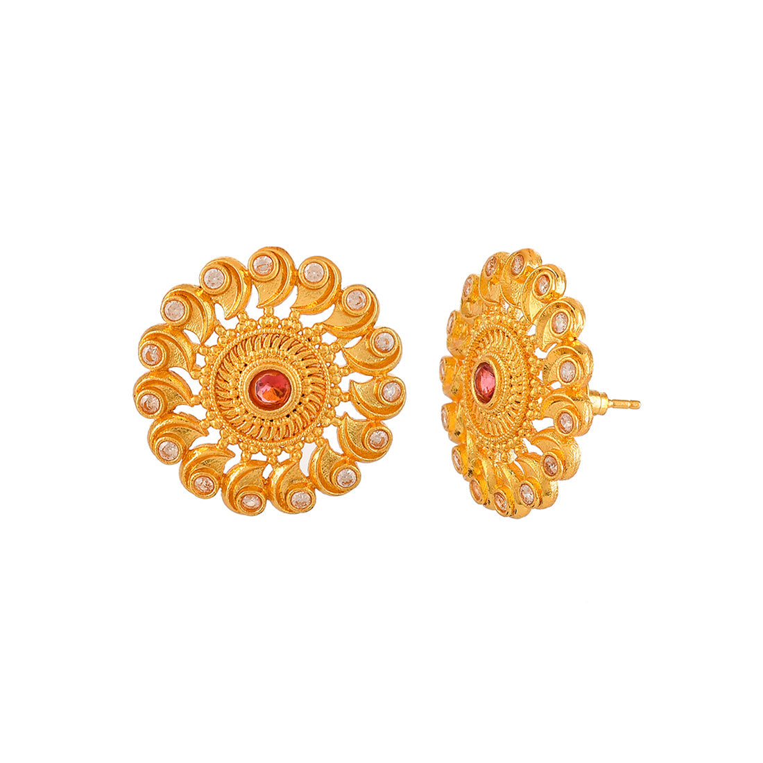 Women's Abharan Yellow Gold Plated Round Cut Red Stones Stud Earrings - Voylla