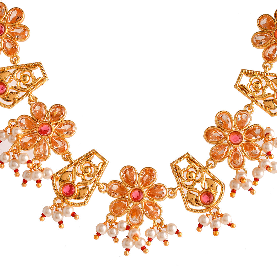 Women's Abharan Pink Teardrop Cut Stones And Pearls Floral Jewellery Set - Voylla