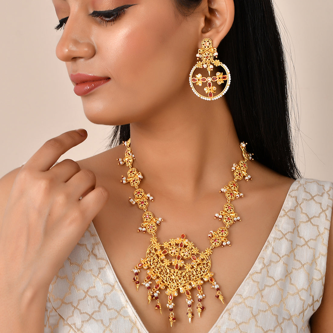 Women's Abharan Ethnic White Pearls Jewellery Set - Voylla