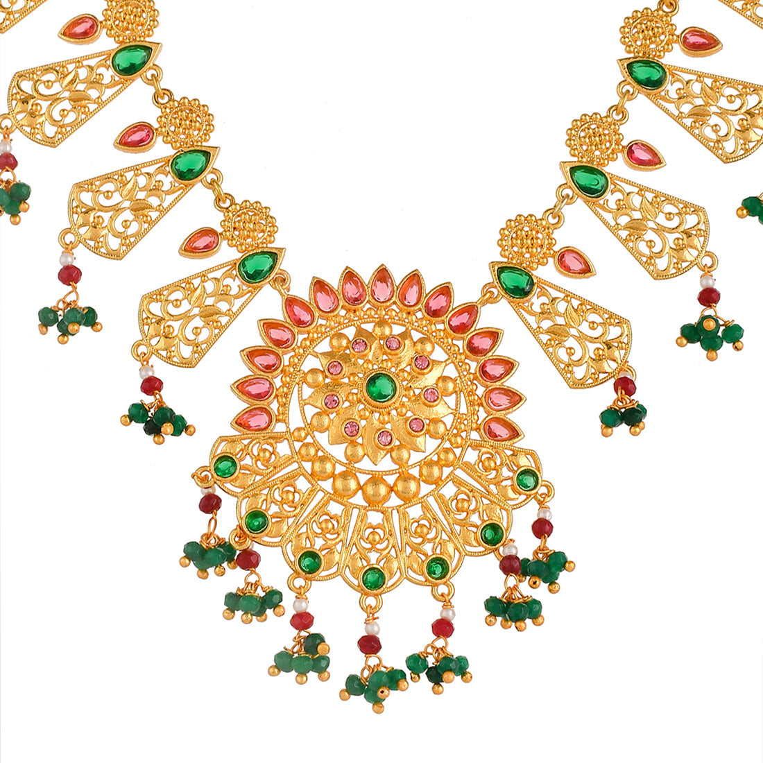 Women's Abharan Red And Green Stones And Pearls Opulent Jewellery Set - Voylla
