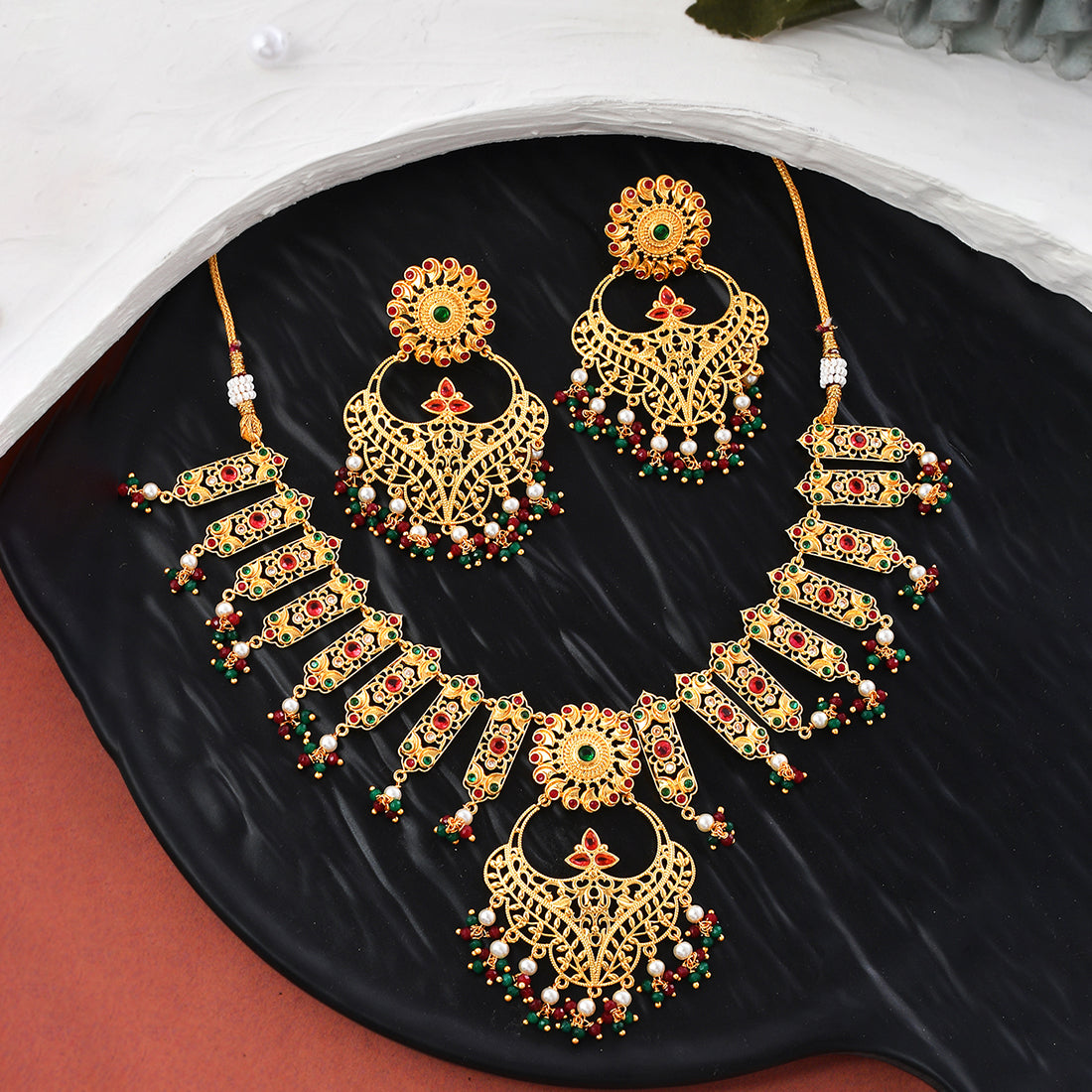 Women's Abharan Heavily Embellished Gold Plated Opulent Jewellery Set - Voylla