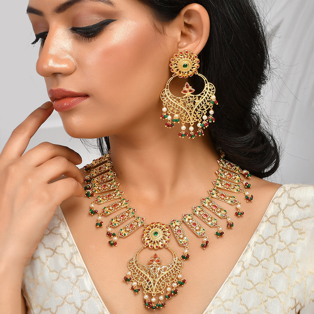 Women's Abharan Heavily Embellished Gold Plated Opulent Jewellery Set - Voylla