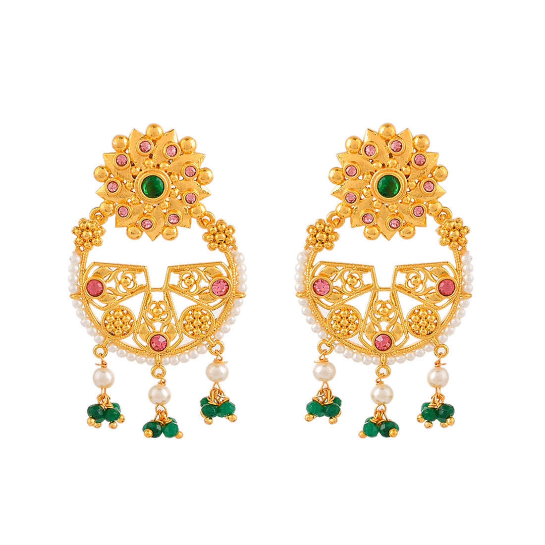 Women's Abharan Green Stones And White Pearls Floral Earrings - Voylla
