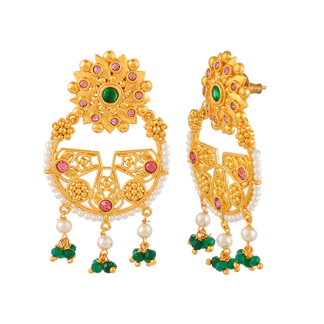 Women's Abharan Green Stones And White Pearls Floral Earrings - Voylla
