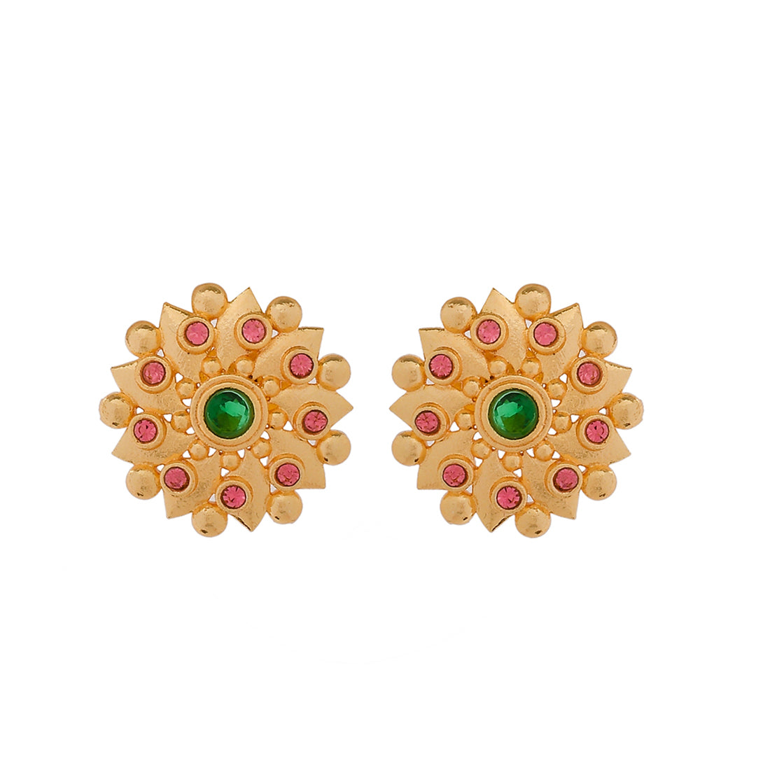 Women's Abharan Green And Pink Stones Floral Earrings - Voylla