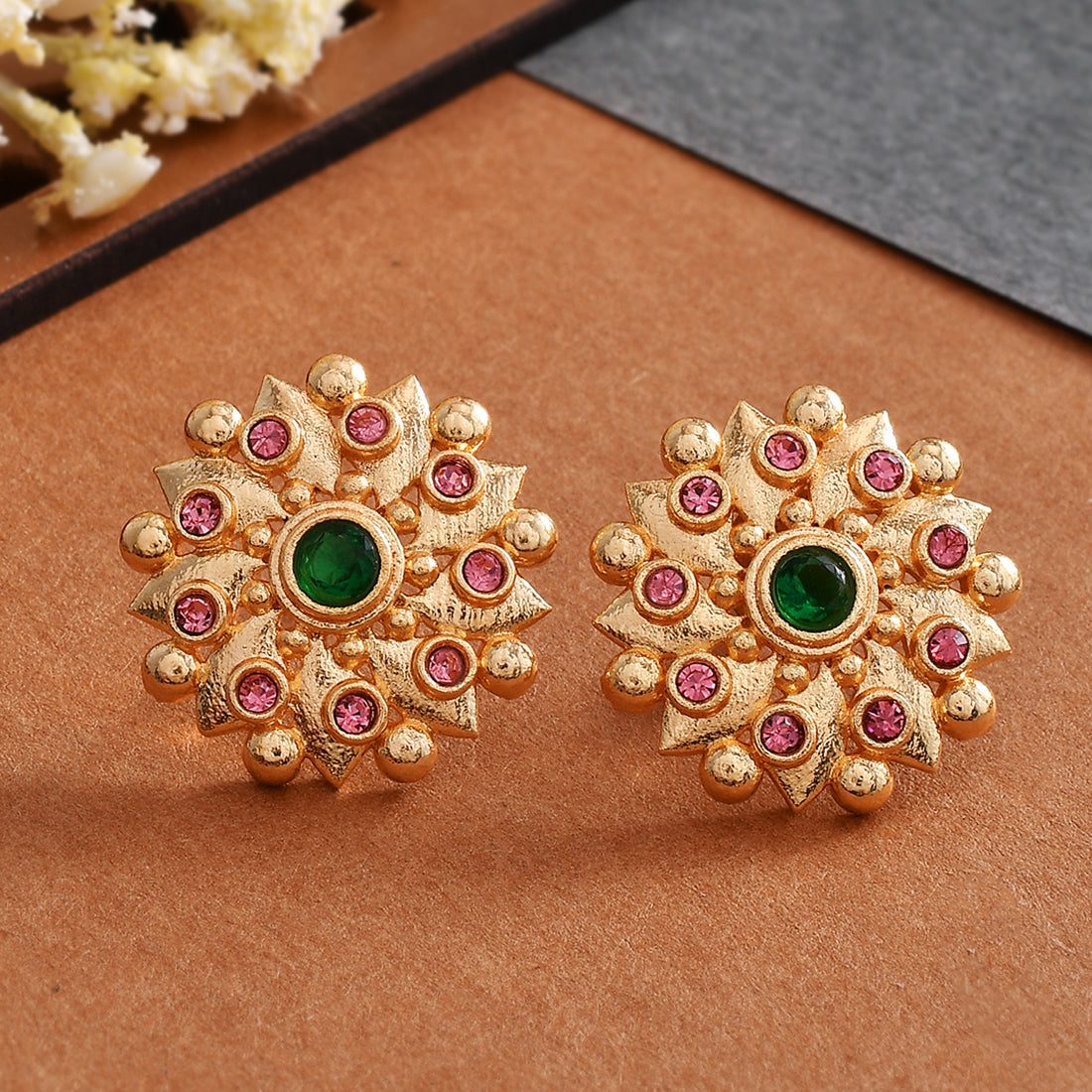 Women's Abharan Green And Pink Stones Floral Earrings - Voylla