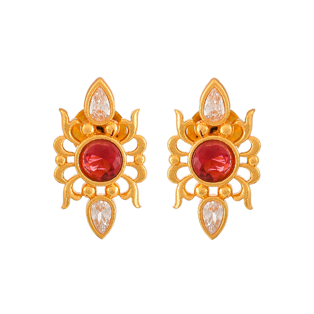 Women's Abharan Casual Red Round Cut Stones Stud Earrings - Voylla