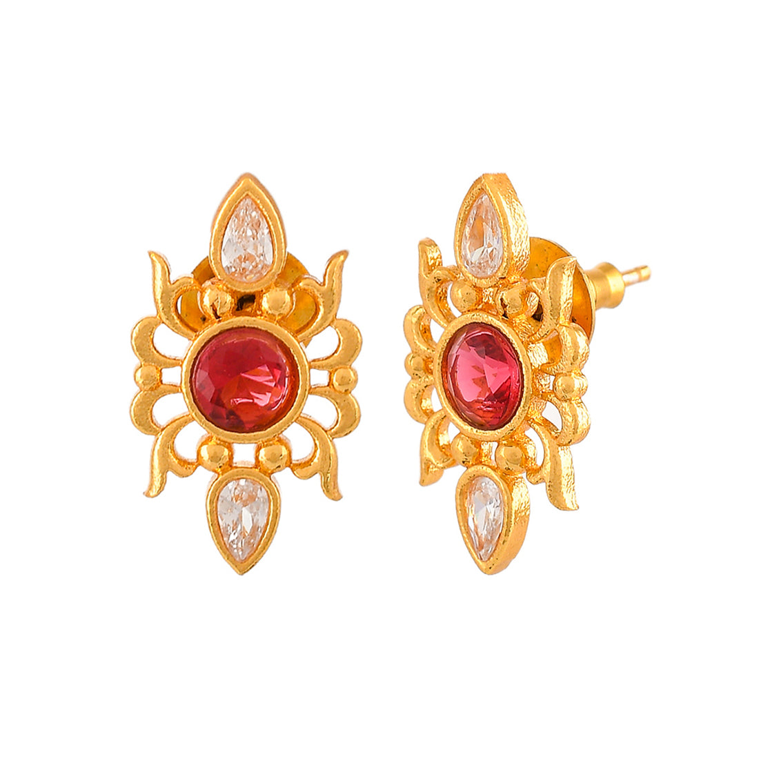 Women's Abharan Casual Red Round Cut Stones Stud Earrings - Voylla