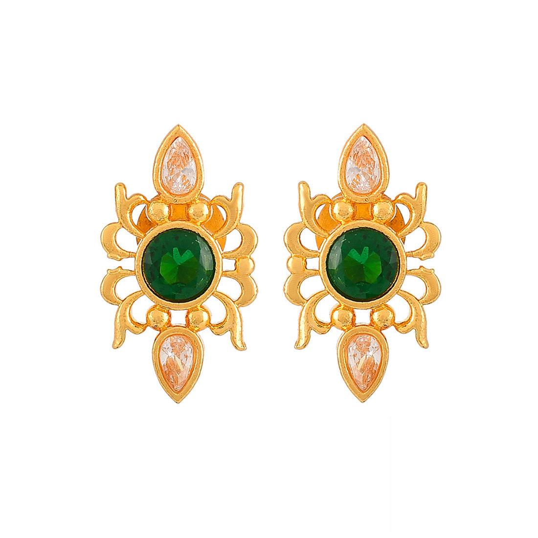 Women's Abharan Green Stone Adorned Stud Earrings - Voylla