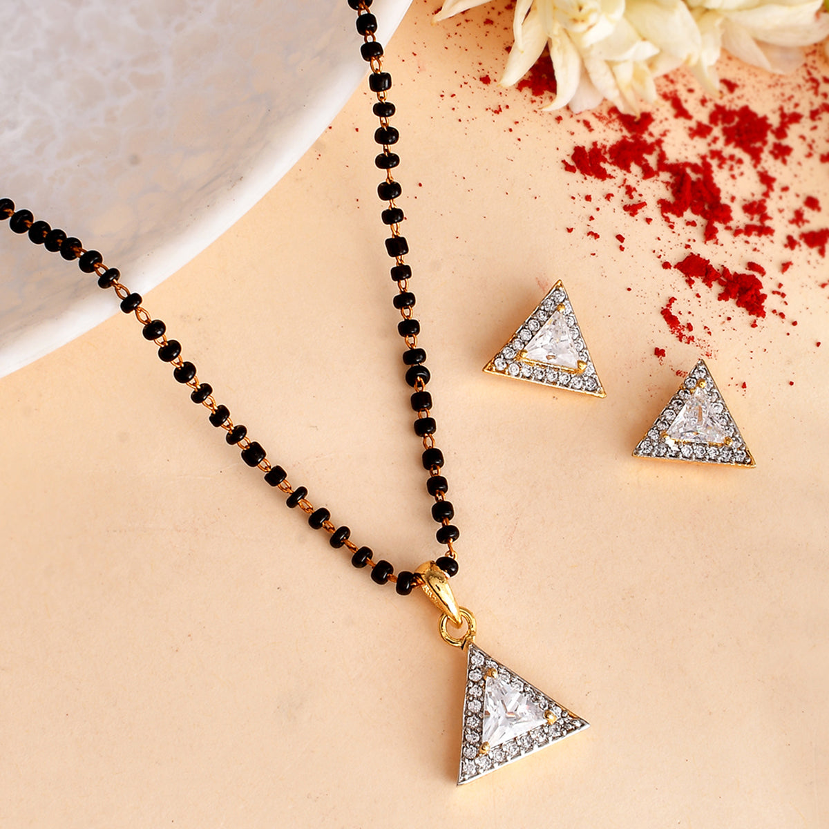 Women's Sparkling Essential White Cz Studded Triangular Gold Plated Mangalsutra Set - Voylla