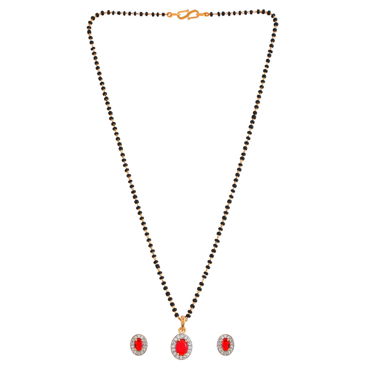 Women's Sparkling Essential Red Cz Studded Oval Gold Plated Mangalsutra Set - Voylla