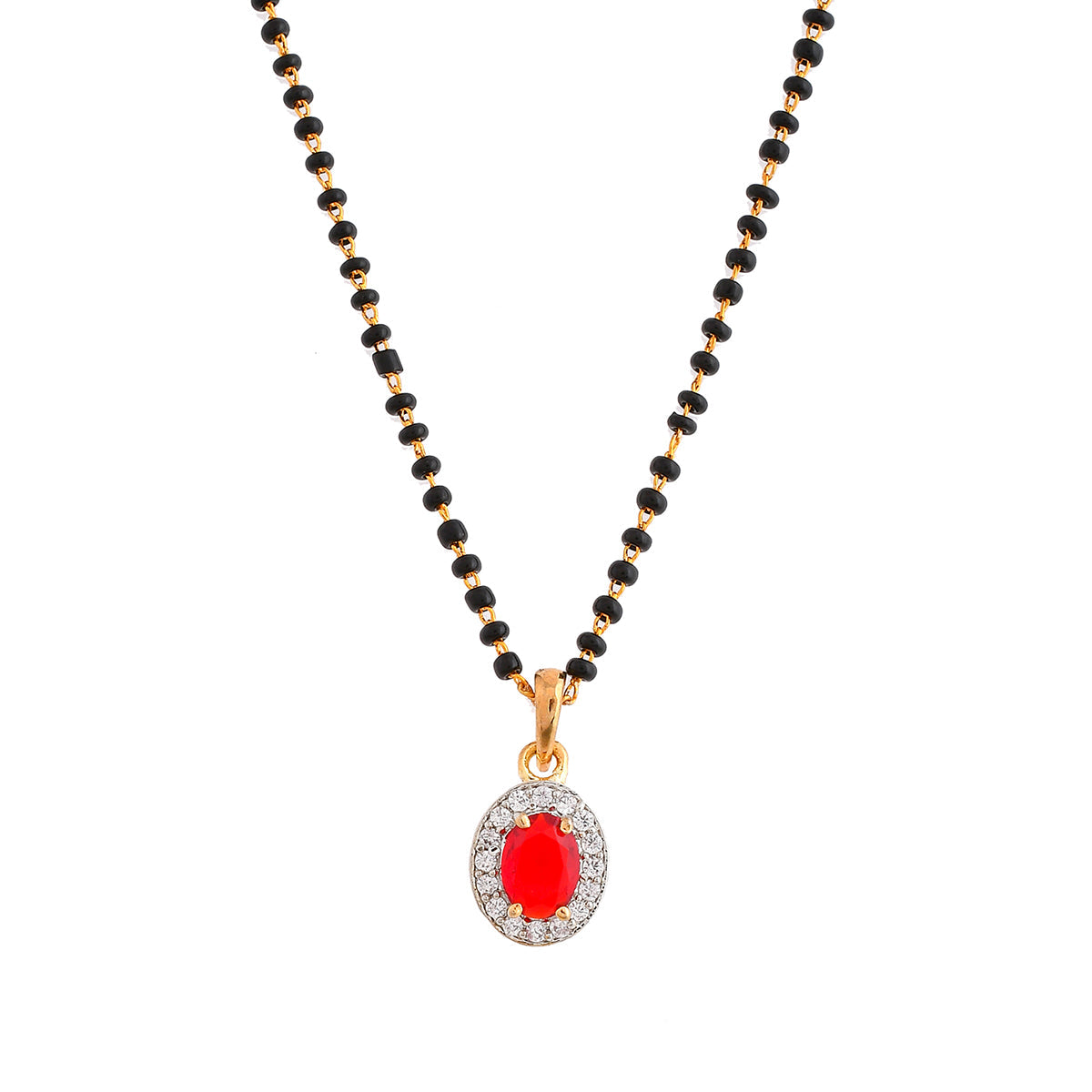 Women's Sparkling Essential Red Cz Studded Oval Gold Plated Mangalsutra Set - Voylla