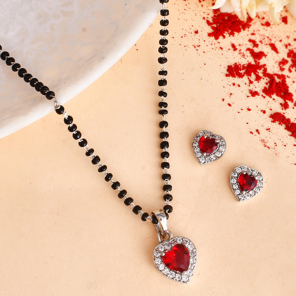 Women's Sparkling Essential Red Cz Studded Heart Shaped Silver Managaltura - Voylla