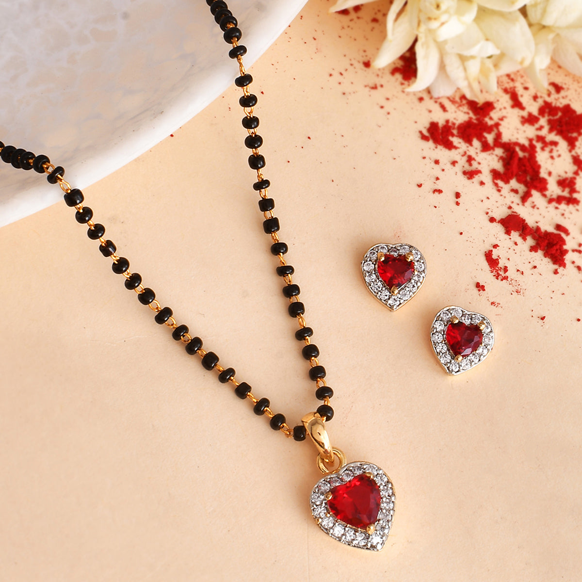 Women's Sparkling Essential Red Cz Studded Heart Shaped Gold Plated Mangalsutra Set - Voylla