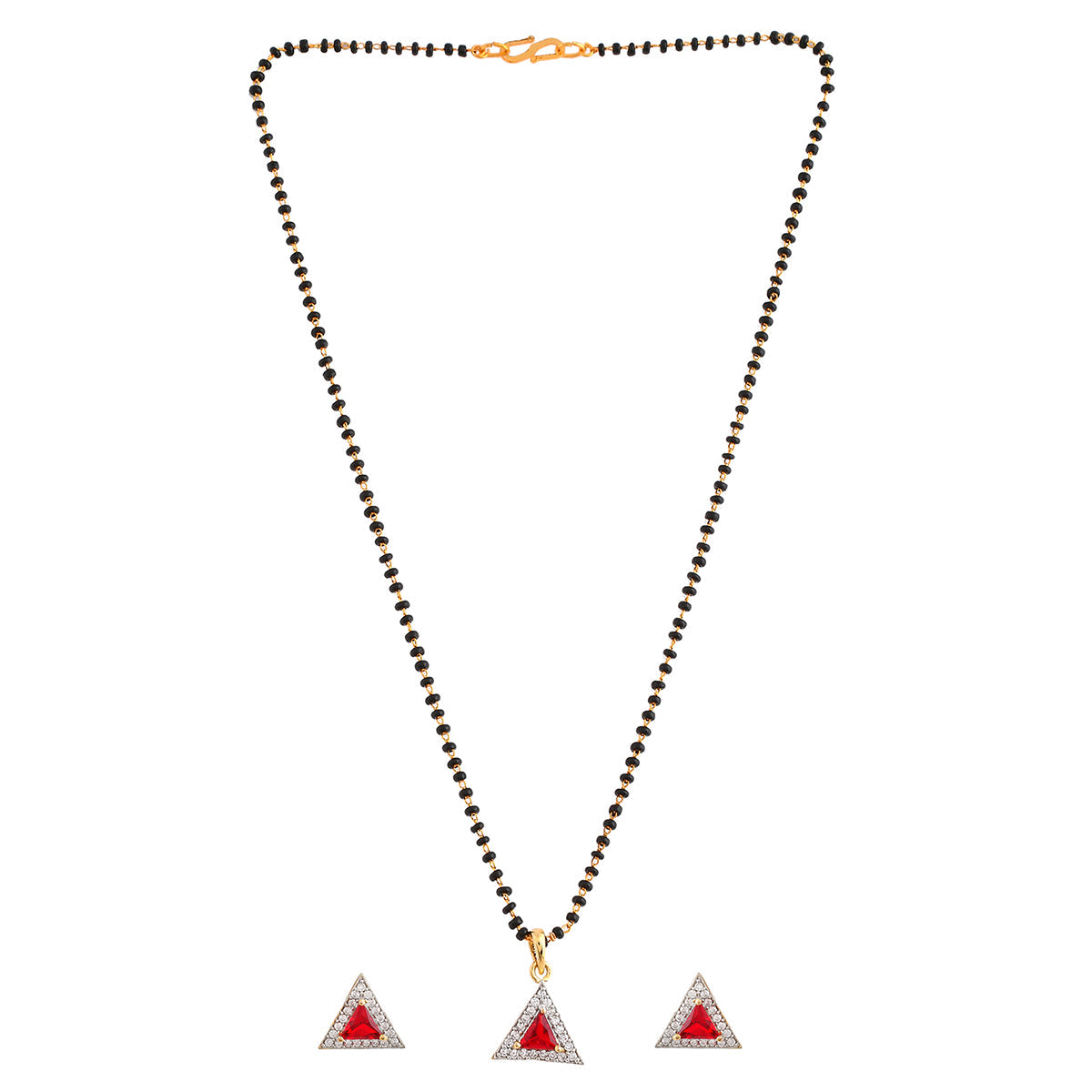 Women's Sparkling Essential Red Cz Studded Triangular Gold Plated Mangalsutra Set - Voylla