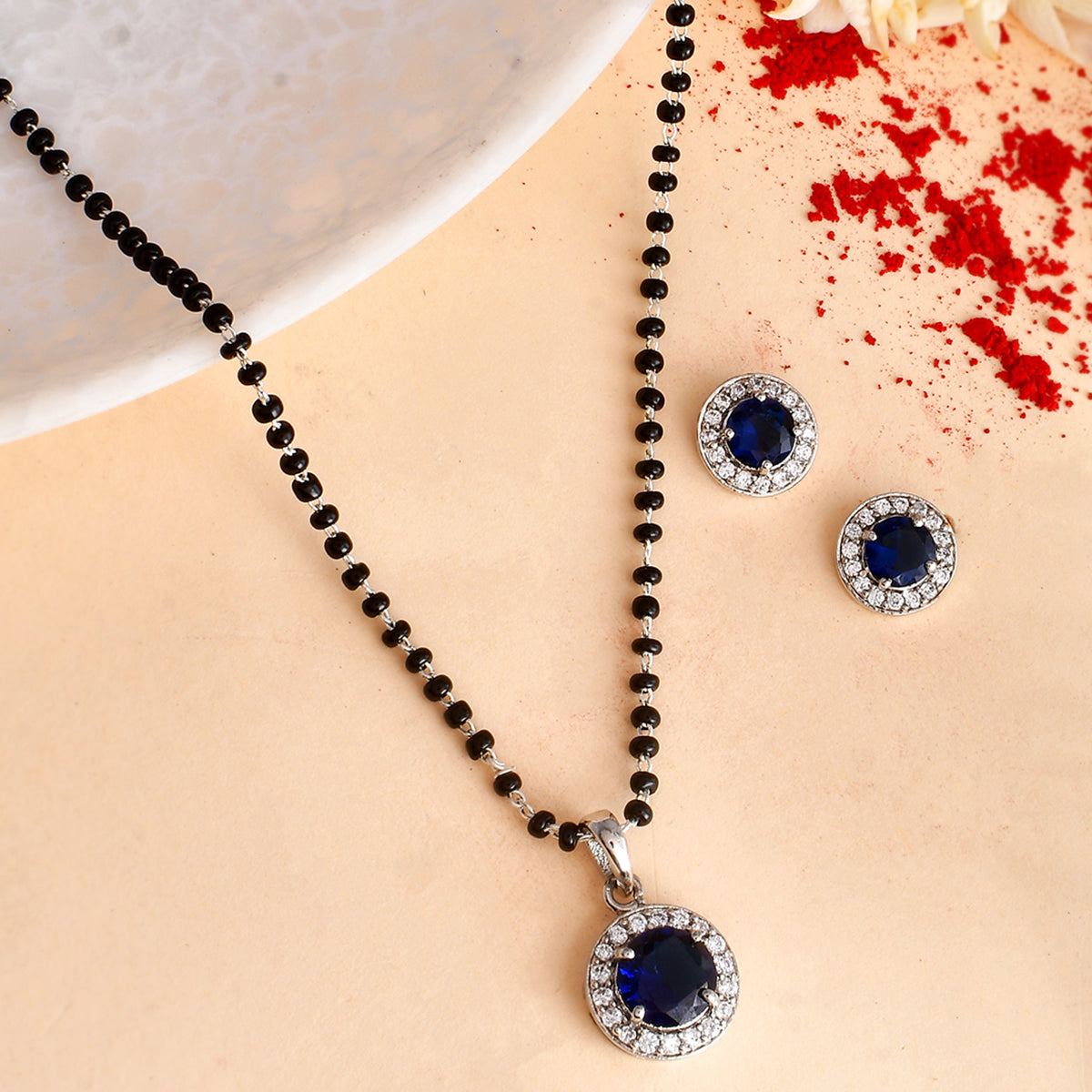 Women's Sparkling Essesntials Blue Round Stone Silver Mangalsutra Set - Voylla