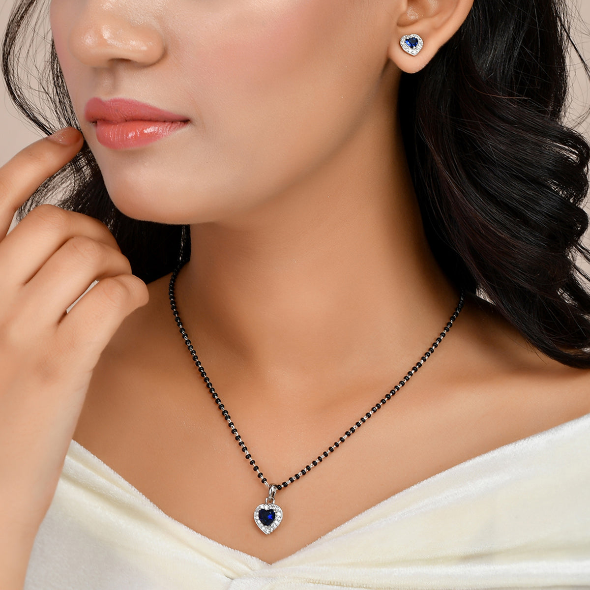 Women's Sparkling Essesntials Blue Heart Shaped Silver Mangalsutra Set - Voylla
