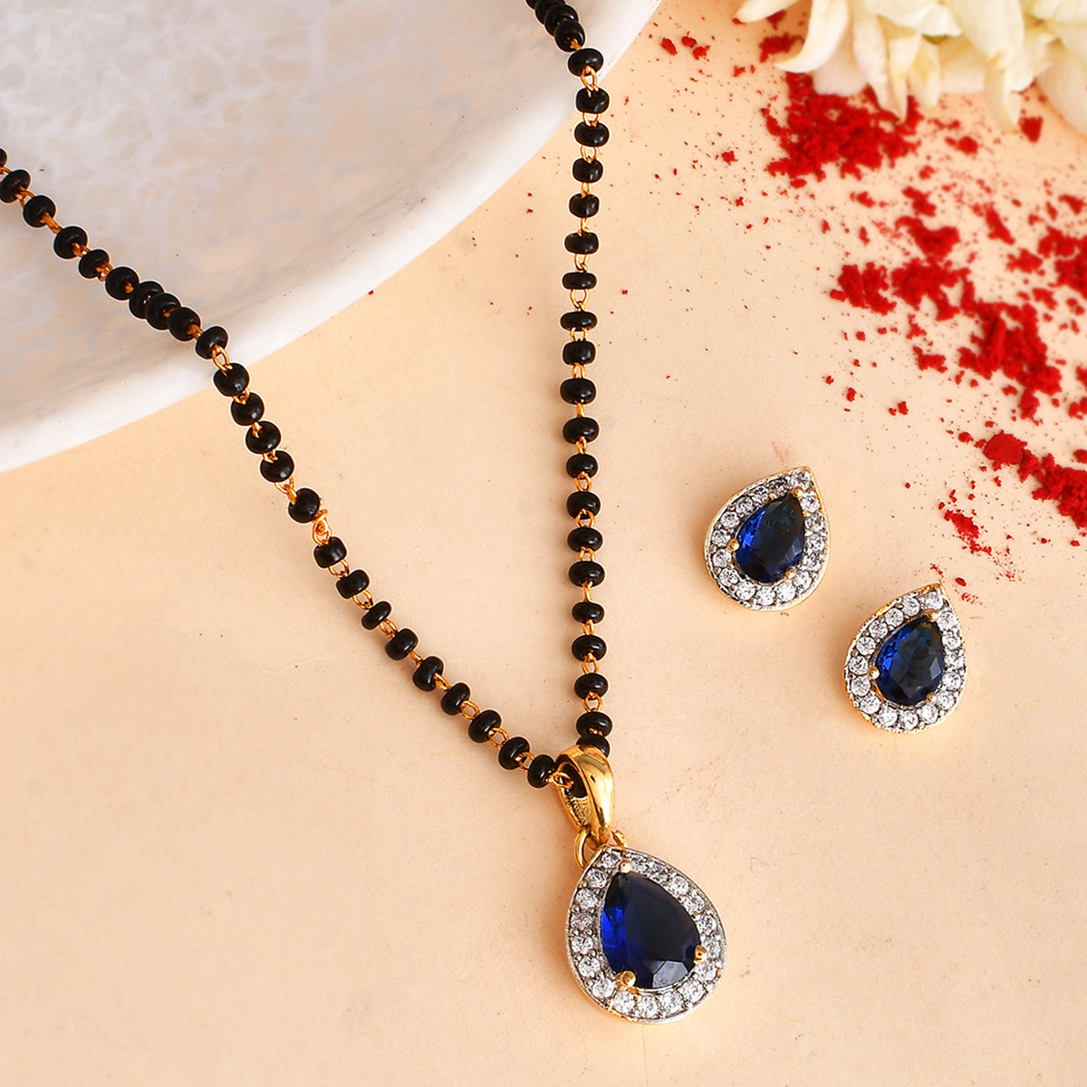 Women's Sparkling Essentials Blue Teardrop Shaped Gold Plated Mangalsutra Set - Voylla