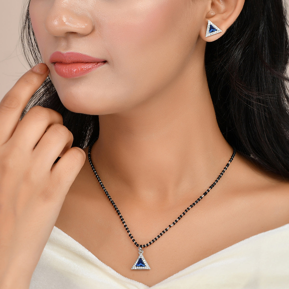 Women's Sparkling Essentials Blue Triangular Mangalsutra Set - Voylla