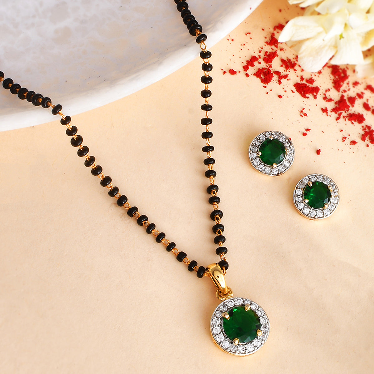 Women's Sparkling Essentials Green Round Gold Plated Mangalsutra Set - Voylla