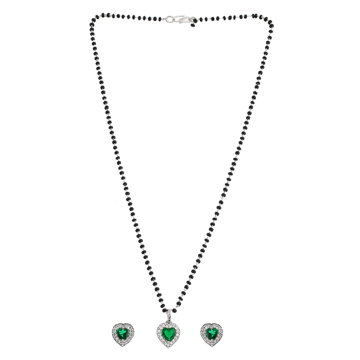 Women's Sparkling Essentials Green Heart Shaped Silver Mangalsutra Set - Voylla