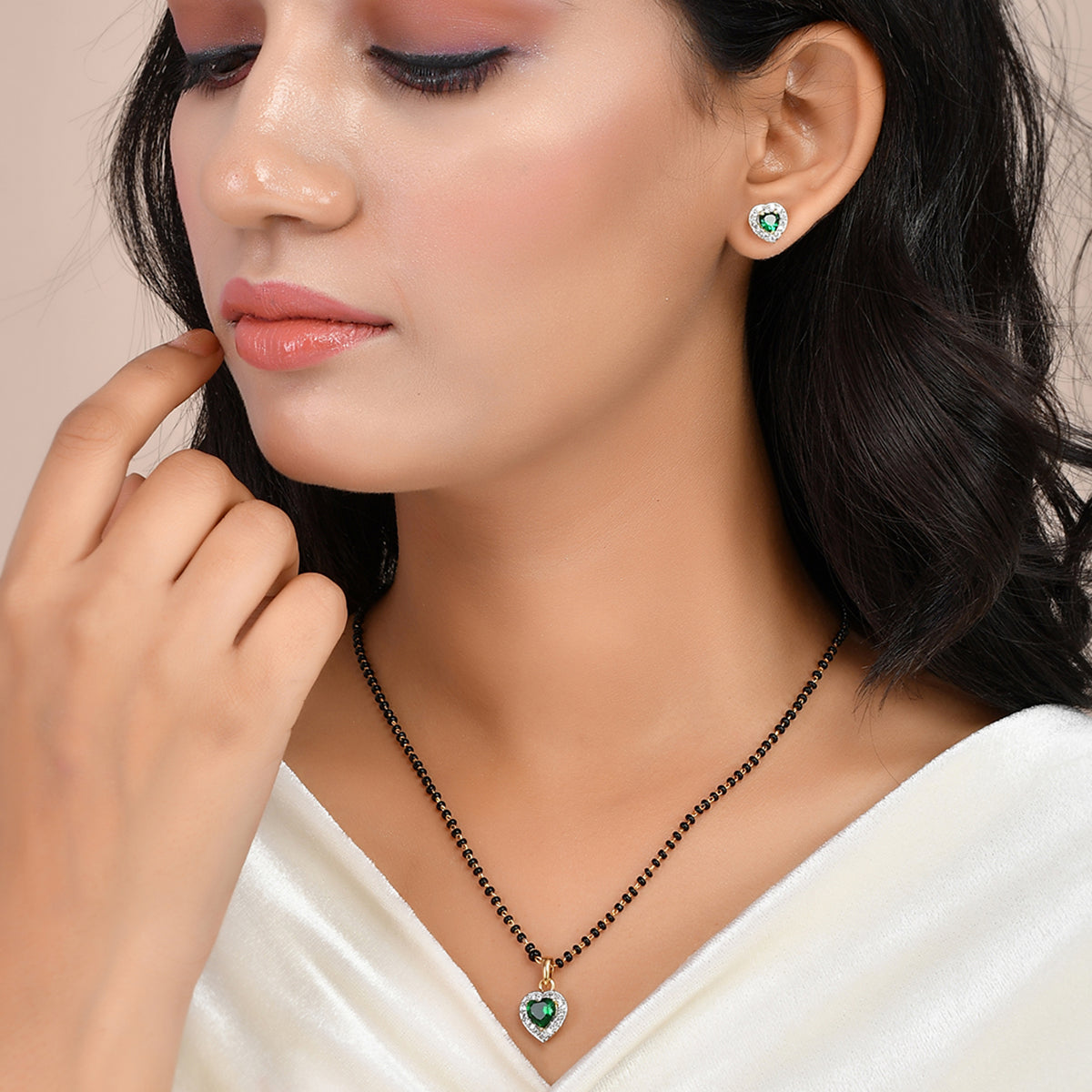 Women's Sparkling Essentials Green Heart Shaped Gold Plated Mangalsutra Set - Voylla
