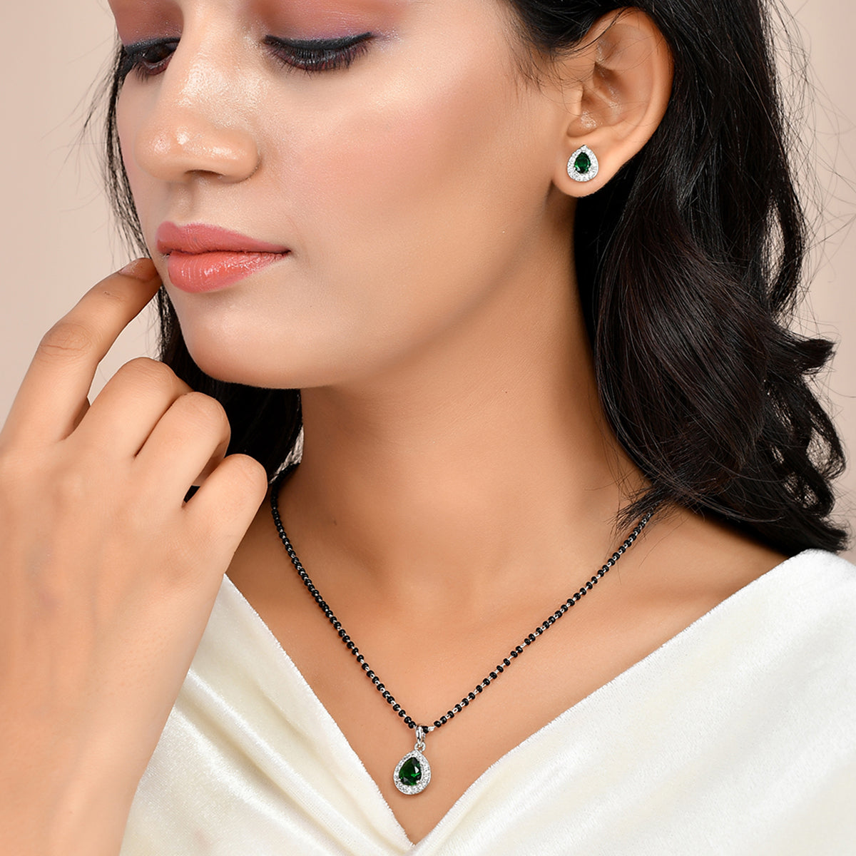 Women's Sparkling Essentials Green Teardrop Shaped Silver Mangalsutra Set - Voylla