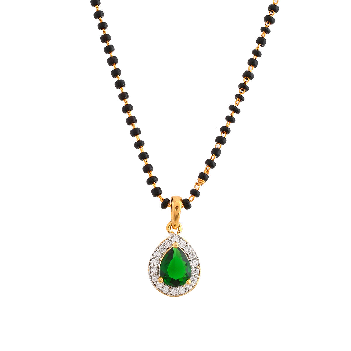Women's Sparkling Essentials Green Teardrop Shaped Gold Plated Mangalsutra Set - Voylla