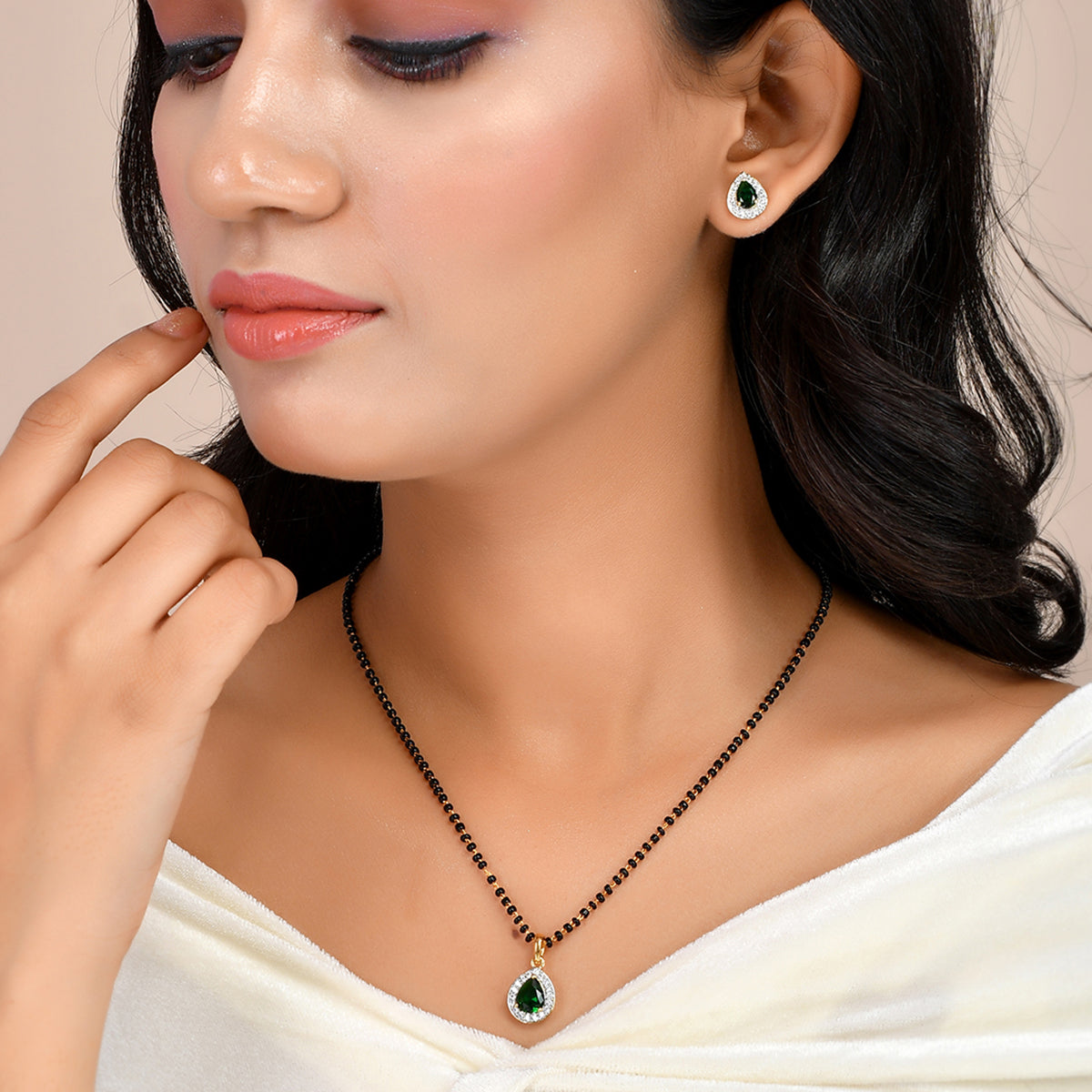 Women's Sparkling Essentials Green Teardrop Shaped Gold Plated Mangalsutra Set - Voylla