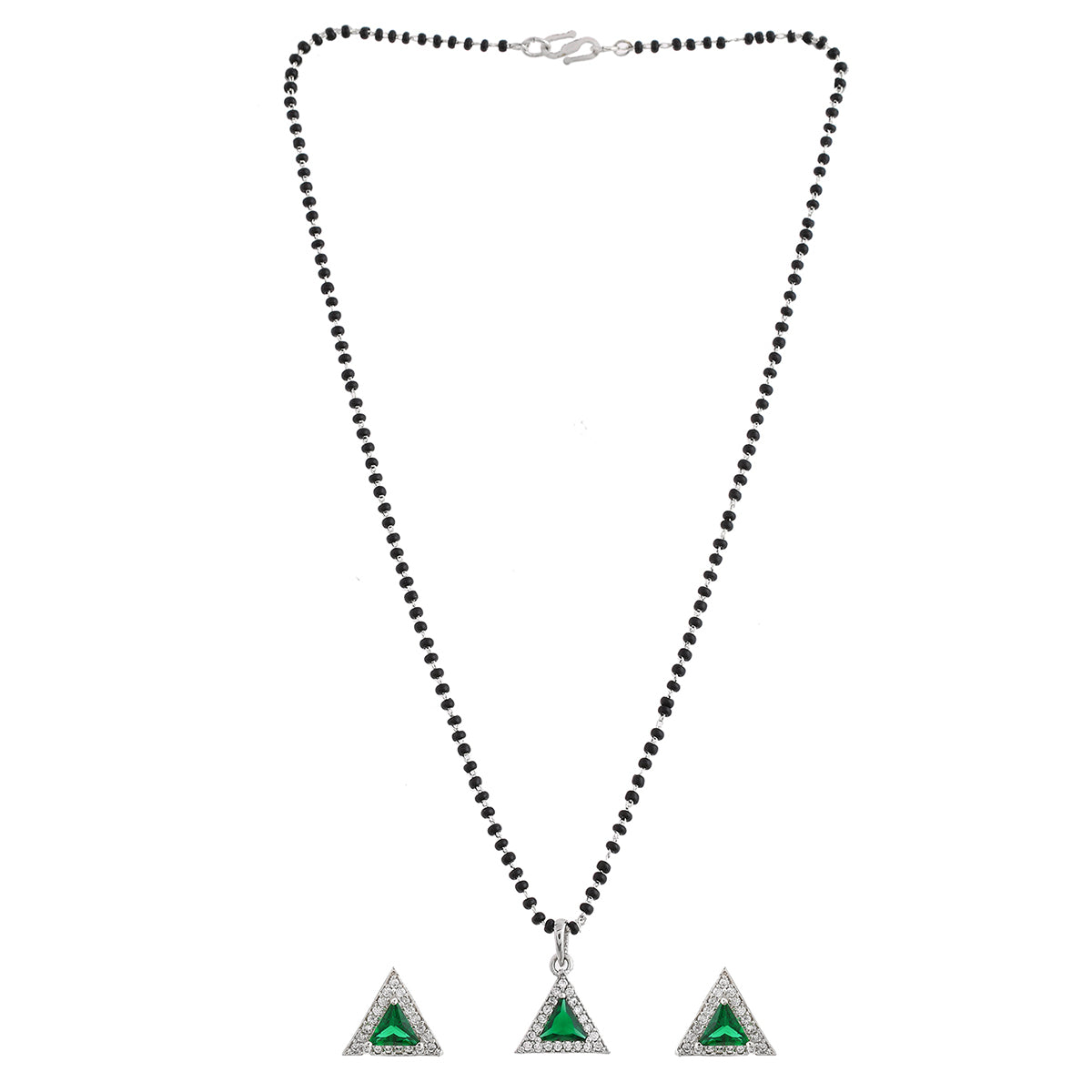 Women's Sparkling Essentials Green Triangular Silver Mangalsutra Set - Voylla