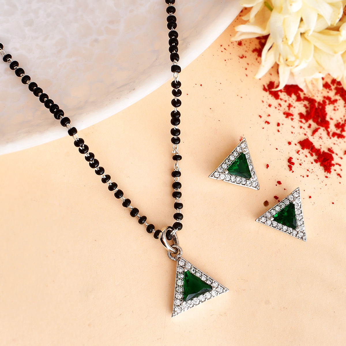Women's Sparkling Essentials Green Triangular Silver Mangalsutra Set - Voylla