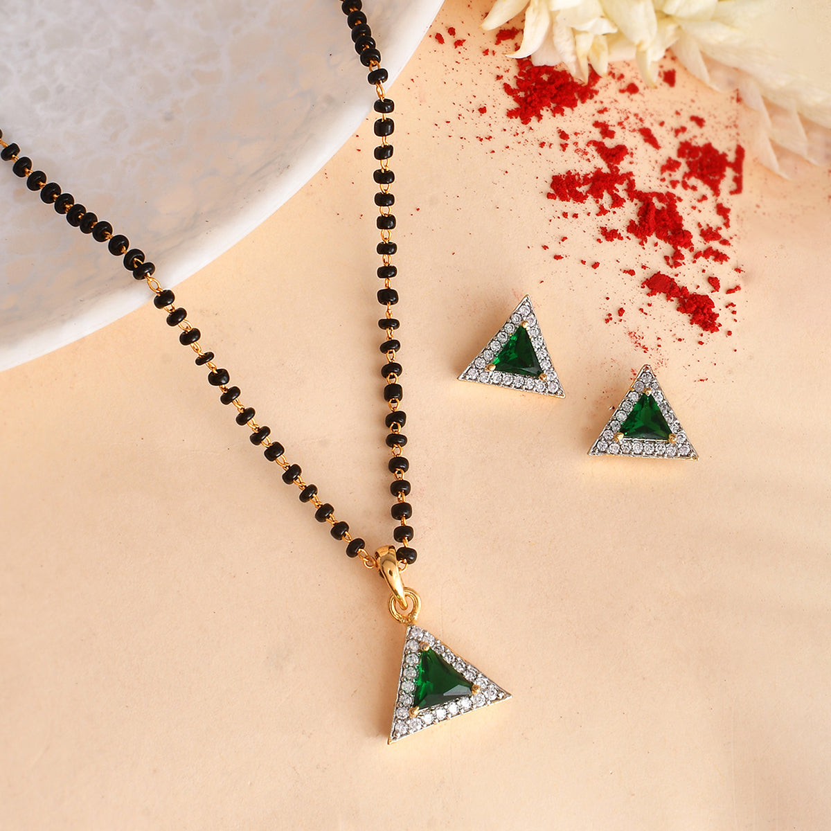 Women's Sparkling Essentials Green Triangular Gold Plated Mangalsutra Set - Voylla