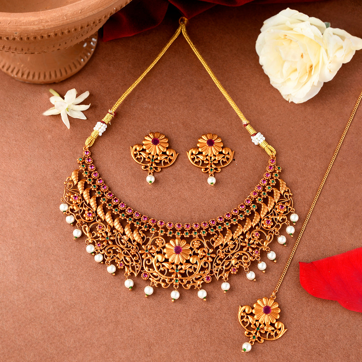 Women's Bela Floral Pearl Adorned Necklace Set - Voylla