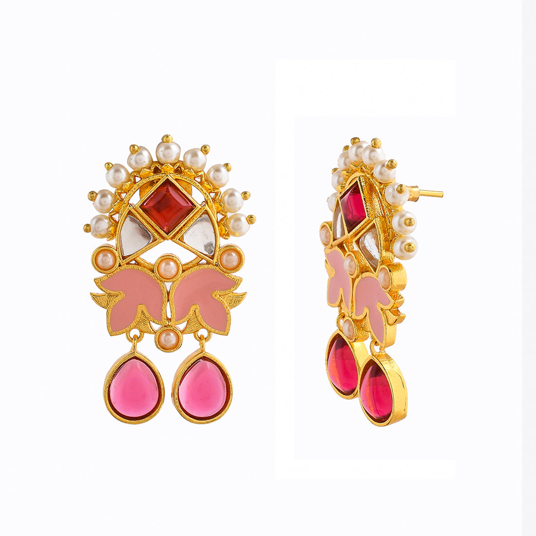 Women's Forever More Enamelled Pink Stones And Pearls Floral Earrings - Voylla