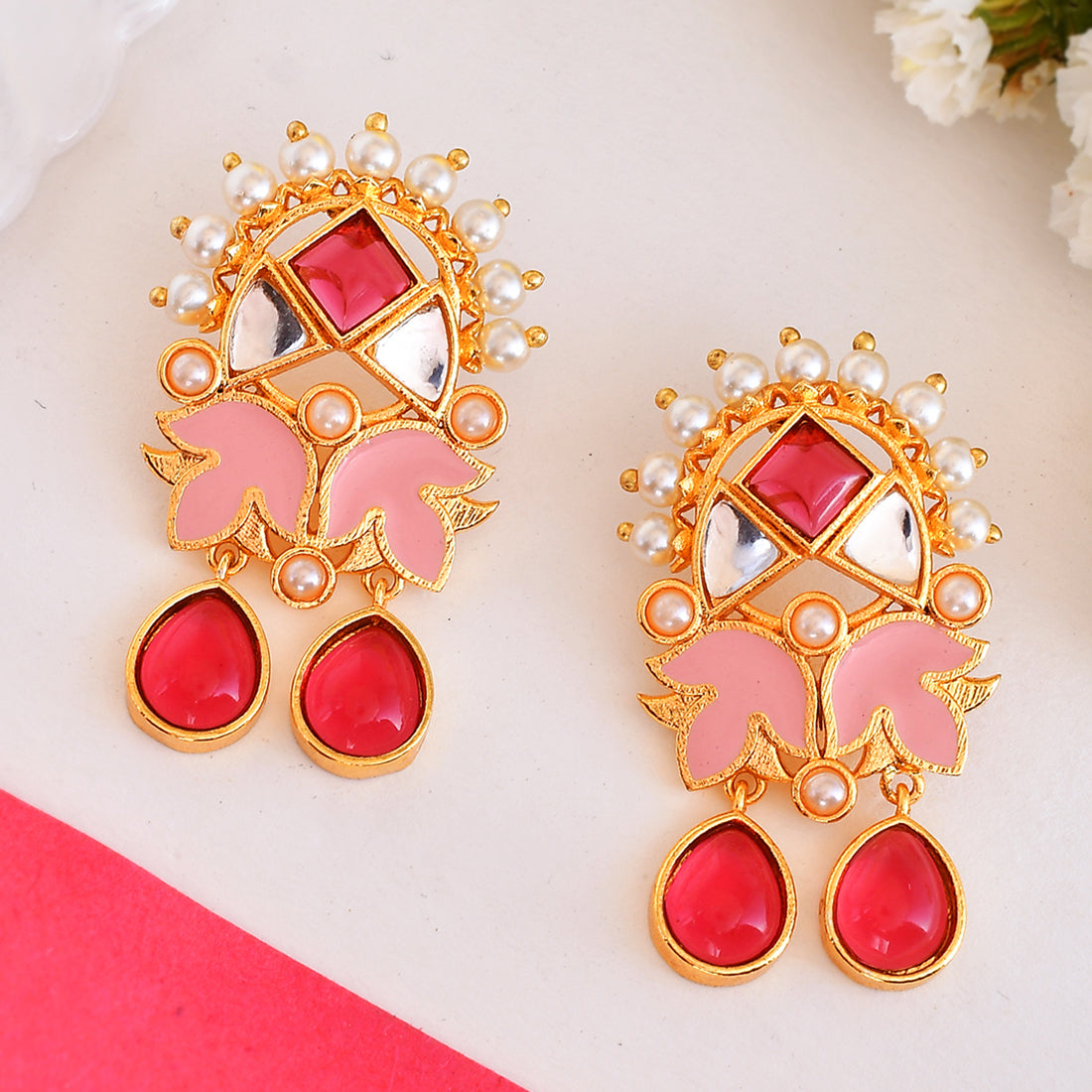Women's Forever More Enamelled Pink Stones And Pearls Floral Earrings - Voylla